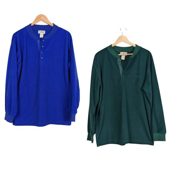 Vintage LL Bean Fleece Henley Shirts L  Blue Green Sweatshirts Qty 2 Snap 90s - Picture 1 of 10